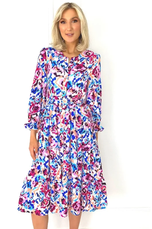 chic wrap dressPaula Blue Multi Print Belted Shirt Dress