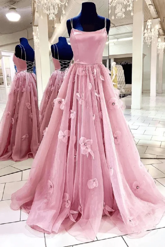 YEAR-End Sale one-shoulder dressPink A-Line Floral Tulle Long Prom Dress,DP998
