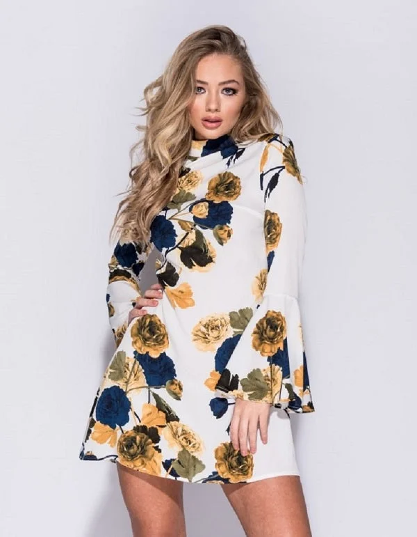 cocktail dressEllen White Rose Print Flare Sleeve Shift Dress