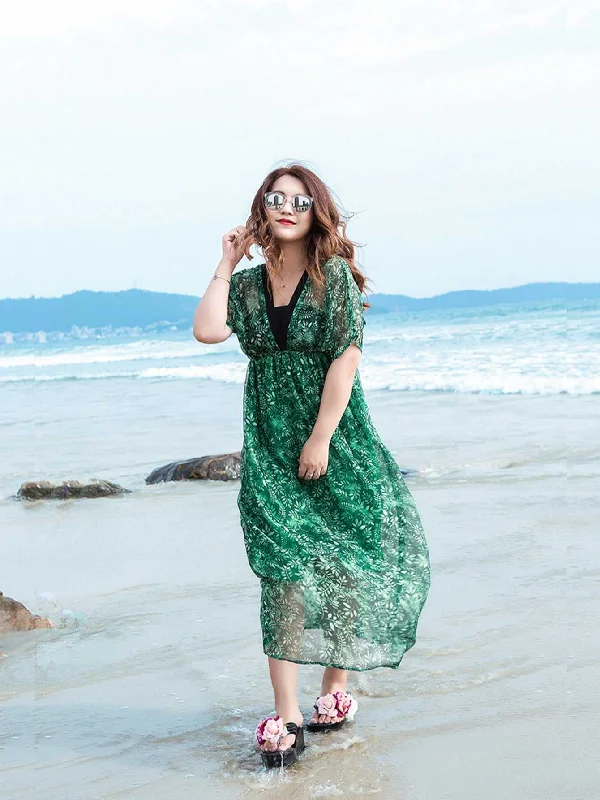 lace-up dressKittenAlarm - Plus size Green Plant Print Deep V-Neck High Waist Contrast Color Piping Dress