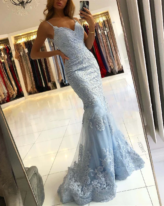 wool dressLight Blue Straps Tulle Appliques Mermaid Long Party Dress,DP1767