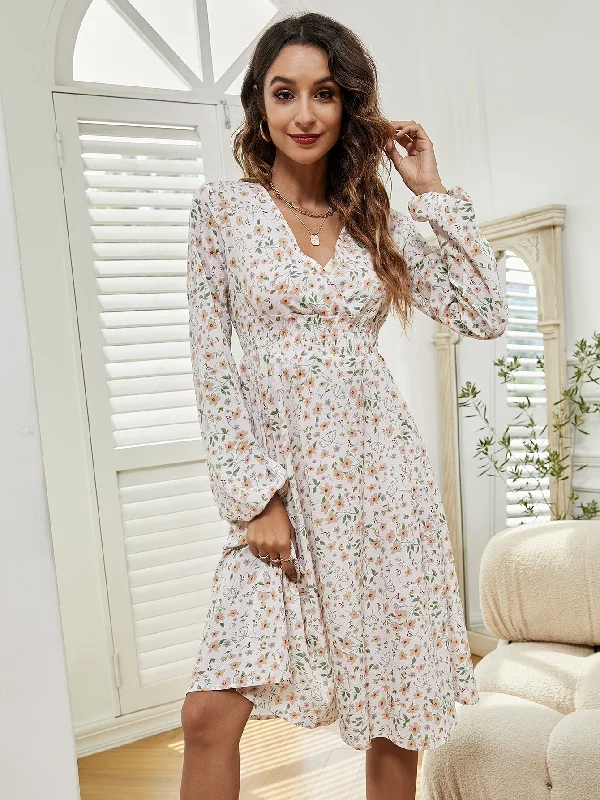 knit dressKittenAlarm - Women V Neck Elastic Waist Floral Print Long Sleeve Maxi Dress