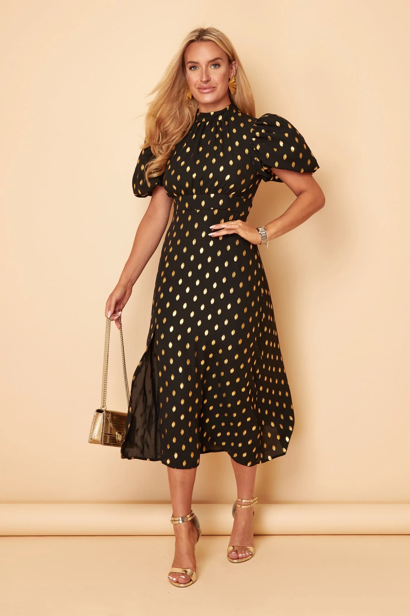 chic wrap dressLilly Black Gold Foil Print Puff Sleeve Midi Dress