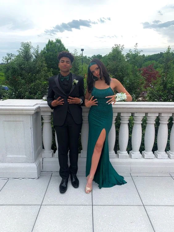 Big Discounts satin dressGreen Spaghetti Straps Long Prom Dress with Slit,DP911