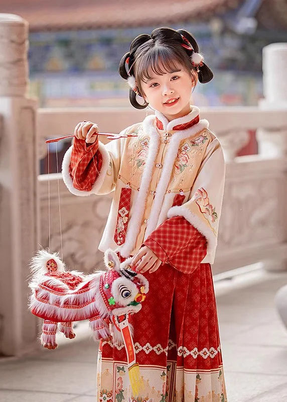 Markdowns Handmade Beige Stand Collar Patchwork Warm Kids Coats And Maxi Skirts Two Pieces Set Winter TR012