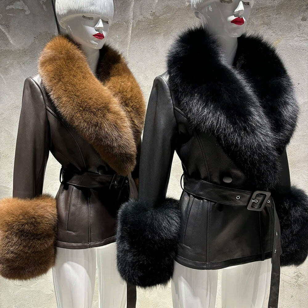 YOLOAgain Women's Real Fox Fur Collar Sheepskin Leather Jacket Coat Autumn 2024