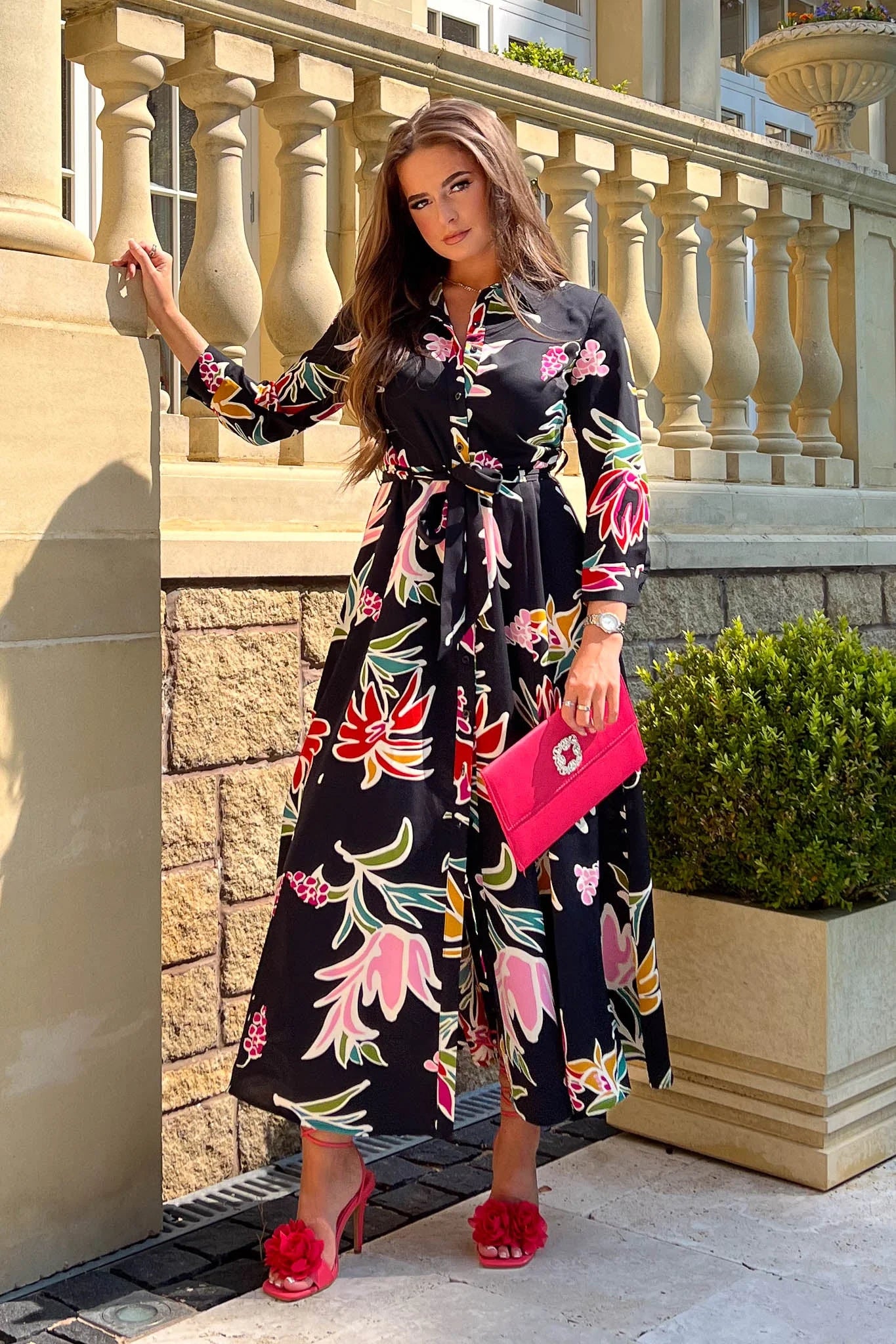 trendy dressAna Black Floral Print Belted Shirt Dress