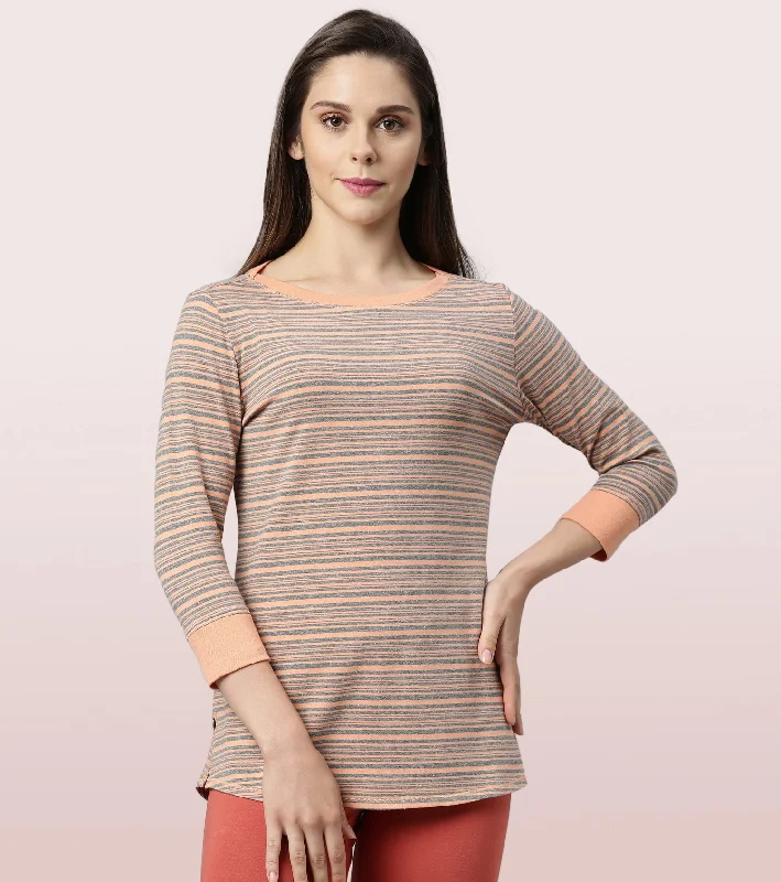 Super Savings Long Tee – Striped | ¾ Sleeve Boat Neck Lounge Tee With Mindful Graphic Super Savings Long Tee – Striped | ¾ Sleeve Boat Neck Lounge Tee With Mindful Graphic