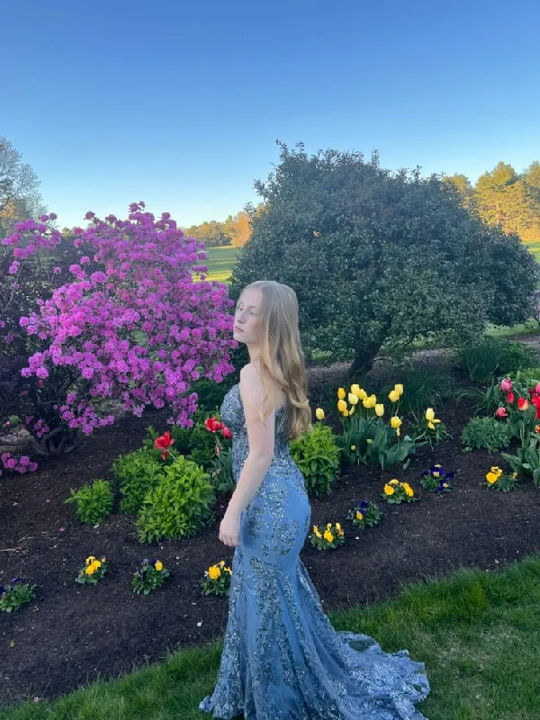 Exclusive Deal elegant dressBlue V Neck Sequined Mermaid Long Prom Dress,DP950