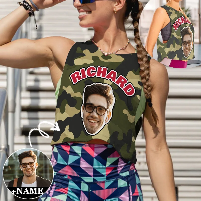 Price Smash Custom Face&Name Camouflage Tank Top Personalized Women's Sleeveless Crop Sports Top