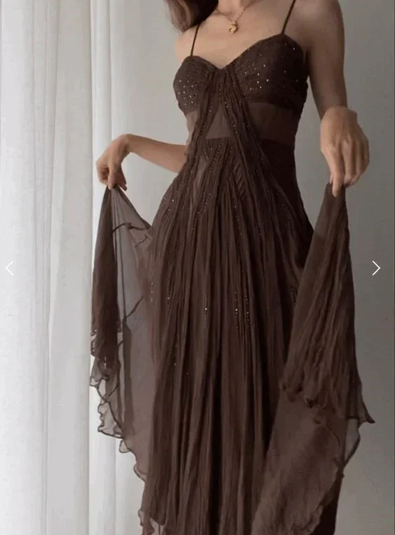 vintage-inspired dressVintage Straps Party Dress Brown A-Line Evening Dress, DP2280