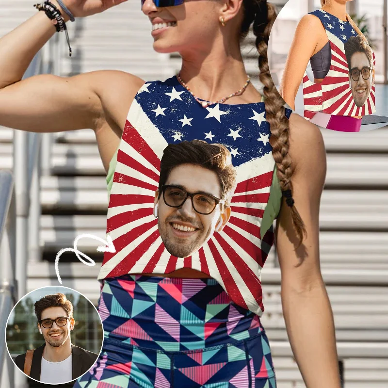 Shop and Save Custom Face American Flag Tank Top Personalized Women's Sleeveless Crop Sports Top Shop and Save Custom Face American Flag Tank Top Personalized Women's Sleeveless Crop Sports Top