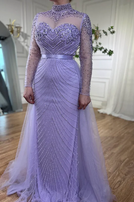 Final Clearance satin dressLilac Elegant Beading Long Sleeves High Neck Tulle Formal Party Dress,DP995