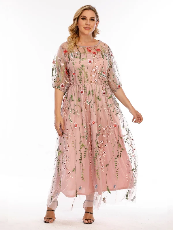 high-waisted dressKittenAlarm - Plus Size Mesh Embroidery Party Dress