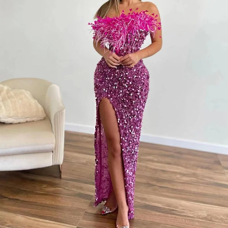 off-the-shoulder dressKittenAlarm - Parker Strapless Feather & Sequin Embellishment Side Slit Maxi Dress