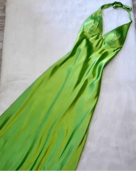 summer floral dressVintage Green Halter Satin Simple Long Party Dress, DP2285