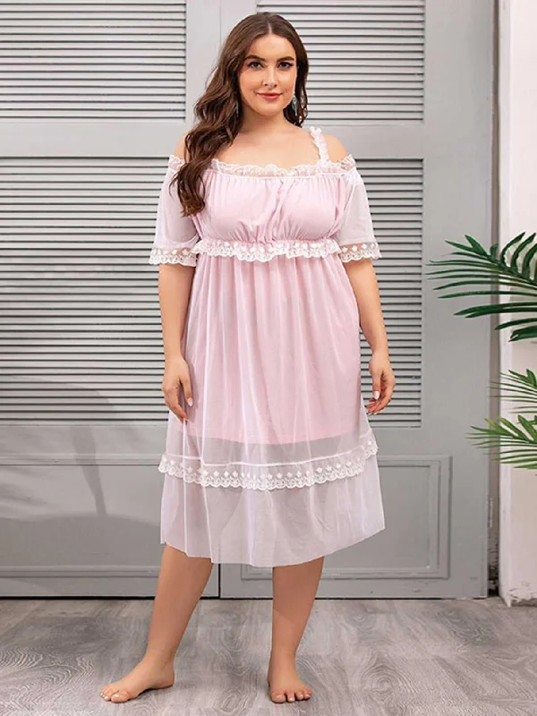 midi dressKittenAlarm - Plus Size Mesh V-neck Lace Sheer Lounge Wear Short Sleeve Nightdress