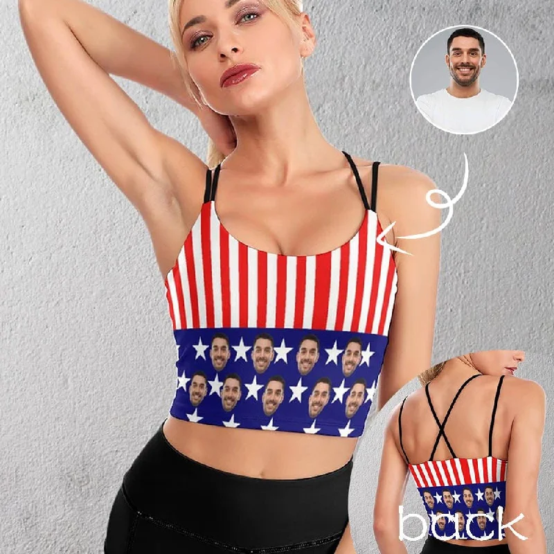Big Discounts Custom Husband Face US Flag Tops Personalized Women's All Over Print Strappy Longline Yoga Sports Bra
