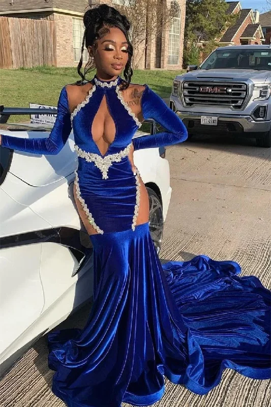 stylish dressRoyal Blue High Neck Long Sleeves Black Girl Mermaid Prom Dress, DP2655