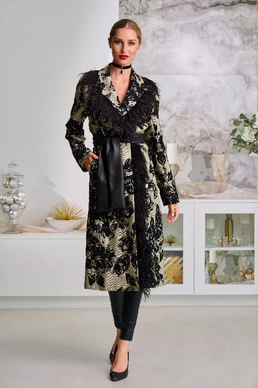 Can't Be Beat Faux-Feather Trim Jacquard Statement Coat Black Multi