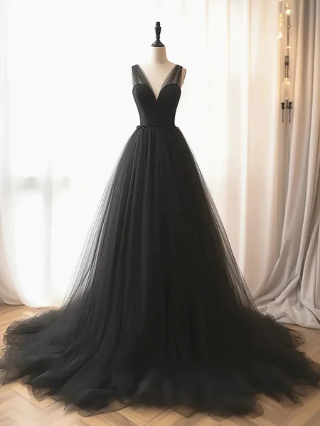 denim dressBlack V Neck A-Line Tulle Formal Party Dress Evening Gown, DP2258