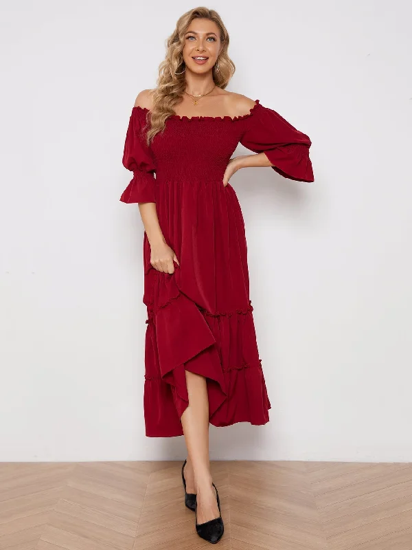 form-fitting dressKittenAlarm - Off Shoulder Solid Color Slit Pleated Long Sleeve Dress