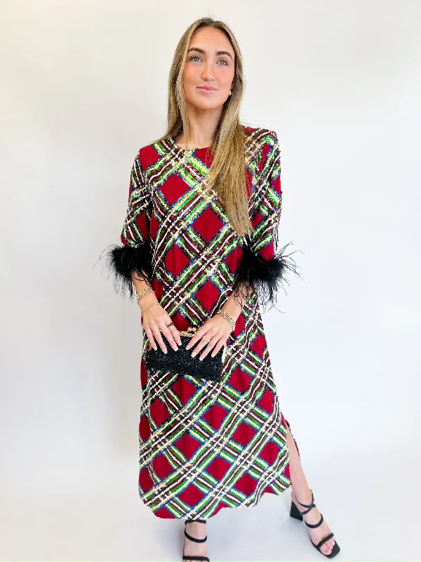 chic wrap dressSequin Tartan Midi Dress