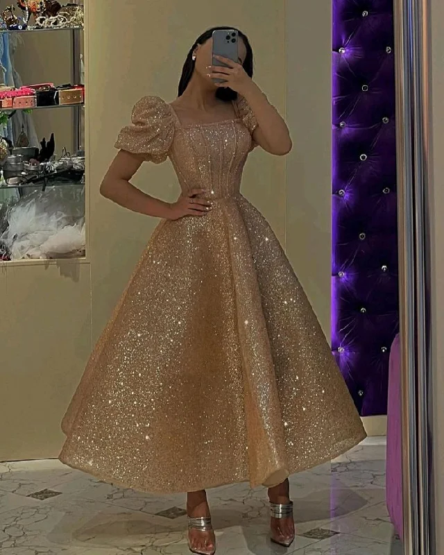 Limited Time wool dressShiny A-Line Ankle Length Puffy Sleeves Evening Prom Gown,DP873
