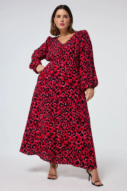 pleated dressRed with Pink and Black Pop Leopard Blouson Sleeve Midi Tea Dress