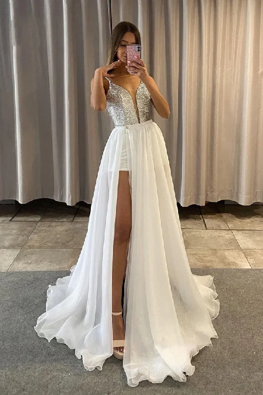 Must-Have Deals elegant shift dressWhite A-Line Backless Detachable Long Party Dress with High Slit,DP996
