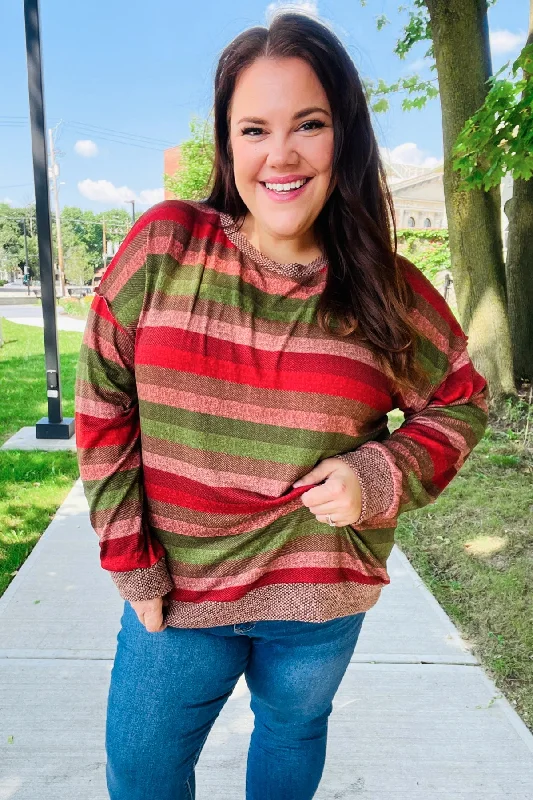 Perfectly You Olive & Mauve Stripe Two-Tone Banded Sweater Top (Open Pack)