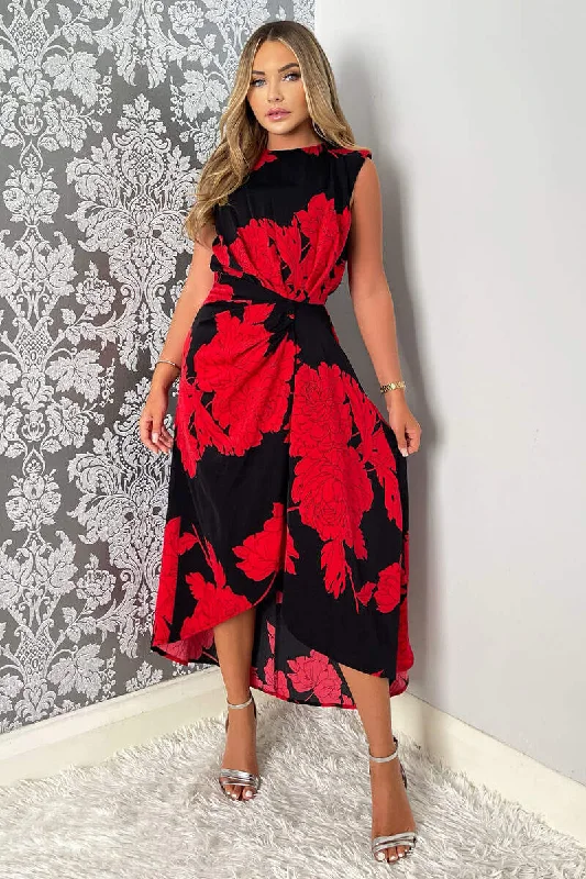 minimalistic dressIndia Red and Black Floral Print Wrap Style Midi Dress