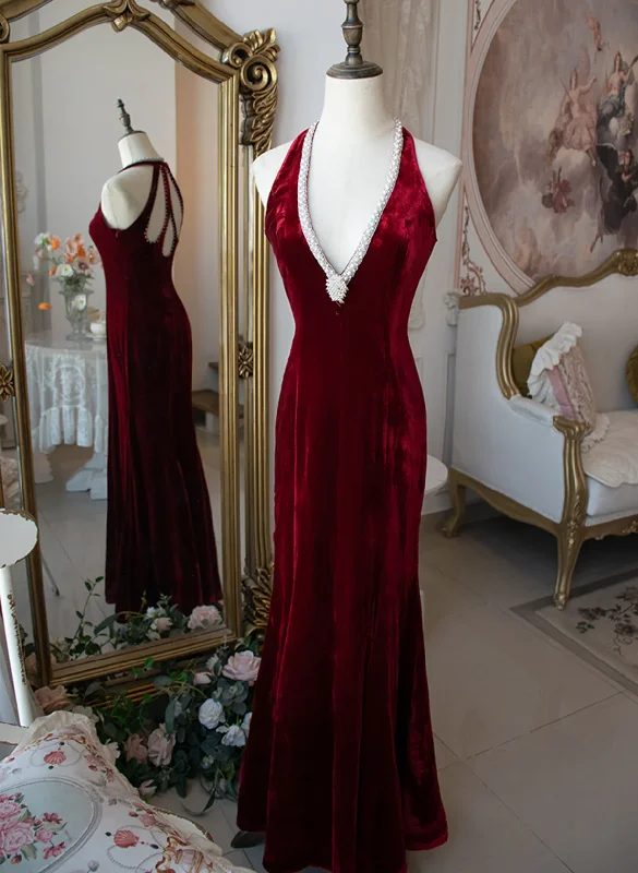 chic slip dressWine Red Halter Beading Velvet Mermaid Long Party Dress, DP2660