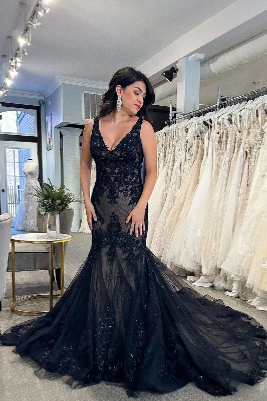 New Deals flowy evening dressBlack V Neck Appliques Mermaid Prom Dress Formal Party Dress,DP965