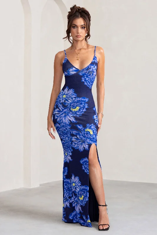 Today's Special Farah | Blue Floral Print Plunge Neck Maxi Dress With Split Detail