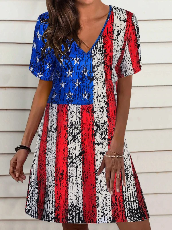 flowy maxi dressLoose Star Stripe V-Neck Short Sleeve Dress