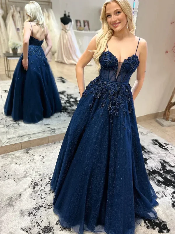 Year-End Clearance shift dressNavy A-Line Tulle Appliques Long Prom Dress,DP1016