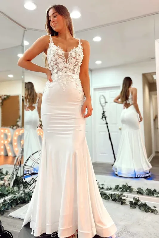 Lowest Price party dressWhite Open Back Satin Appliques Mermaid Prom Party Dress,DP994 Lowest Price party dressWhite Open Back Satin Appliques Mermaid Prom Party Dress,DP994