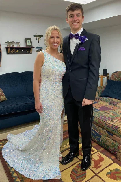 Blowout Sale bohemian dressOne Shoulder Sequins Mermaid Long Prom Dresses with Slit,DP887