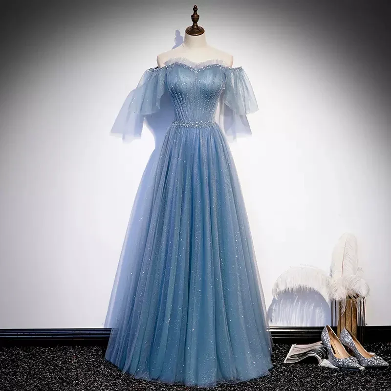 chic slip dressShiny Blue Off Shoulder Beading Tulle Formal Evening Gown Prom Dress, DP2466