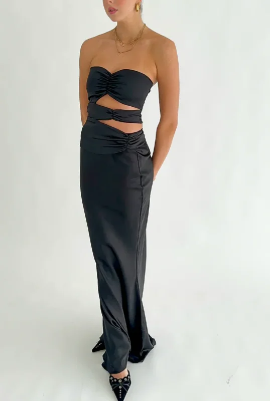 bodycon dressBlack Strapless Satin Classy Simple Long Party Dress, DP2630