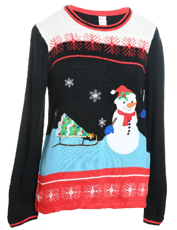 Price Fest Snowman Design Black Knit Christmas Jumper - L