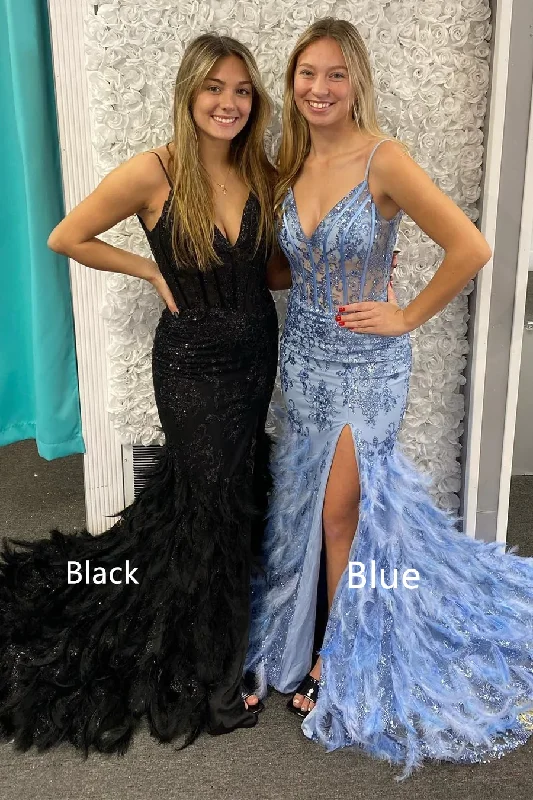 Great Deals modern dressBlue Tulle Sequin V-Neck Mermaid Long Prom Gown with Feathers,DP819