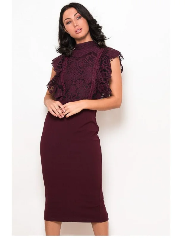 structured dressJane Wine Lace Frilled Top Midi Dress