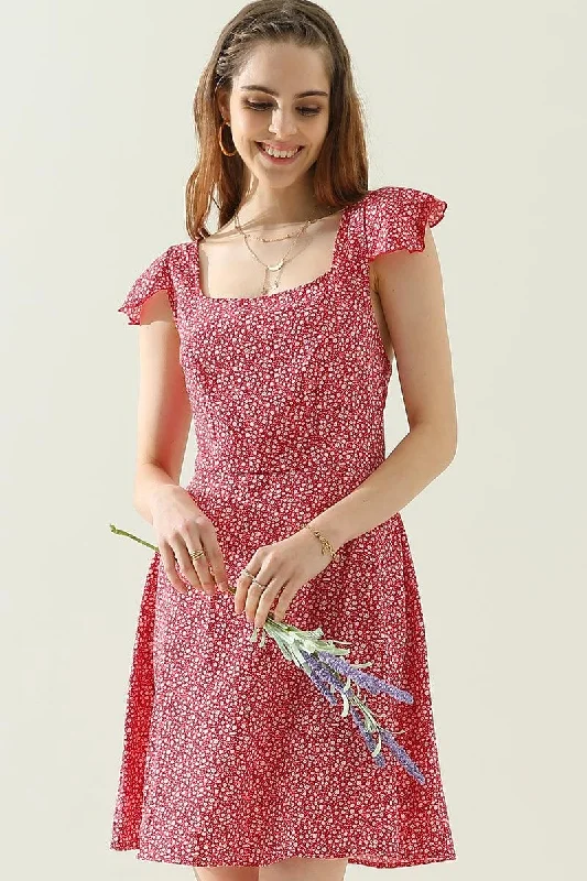 romantic dressFLORAL SQURE NECK CAP SHOULDER SHORT DRESS