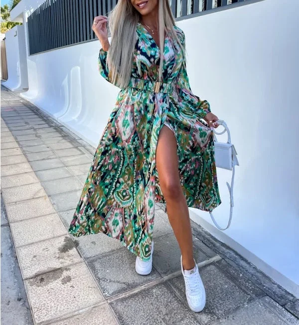 floral midi dressGracie Green Multi Aztec Print Belted Midaxi Dress