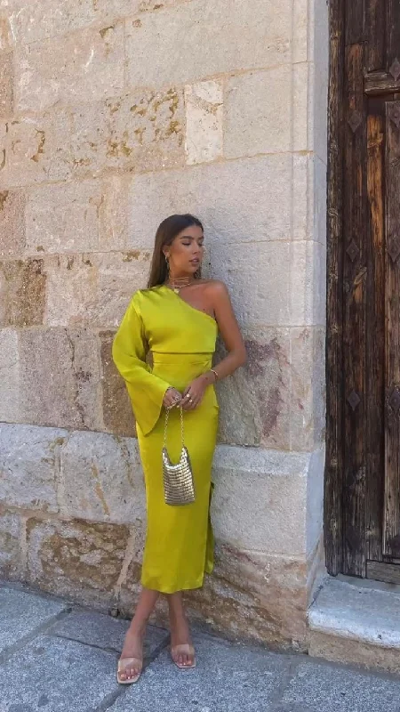 Limited Edition flowy maxi dressYellow Green One Shoulder Party Dress with Slit,DP855 Limited Edition flowy maxi dressYellow Green One Shoulder Party Dress with Slit,DP855
