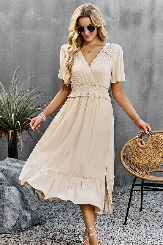 layered dressWIDE SLEEVE TIGHTEN WAIST SLIT RUFFLED DRESS