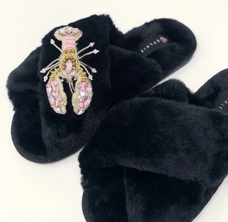 lace dressCrystal Black Fluffy Slippers with Pink Lobster Brooch