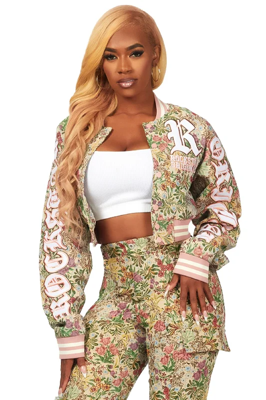 Referral Discount Kyiori Beige Crop Tapestry Varsity Jacket